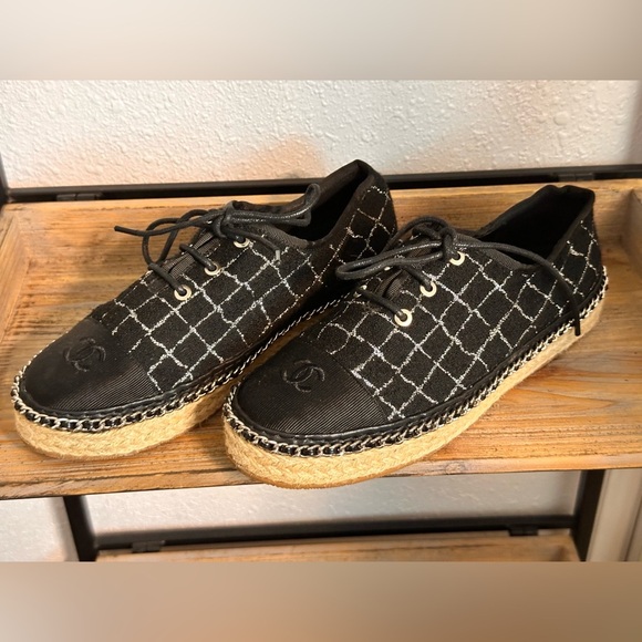 CHANEL Shoes - CHANEL Black Quilted Lace-Up Espadrille Sneakers Size 38 Designer Luxury